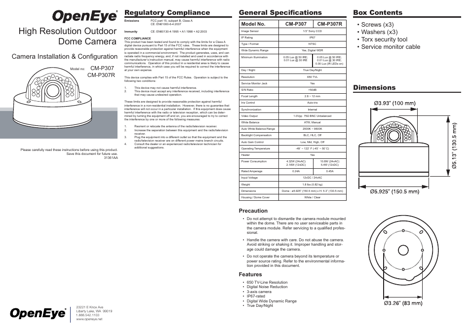 OpenEye CM-P307 User Manual | 2 pages