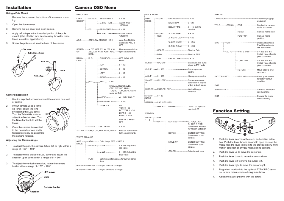 Function setting, Installation, Camera osd menu | OpenEye CM-P307 User Manual | Page 2 / 2