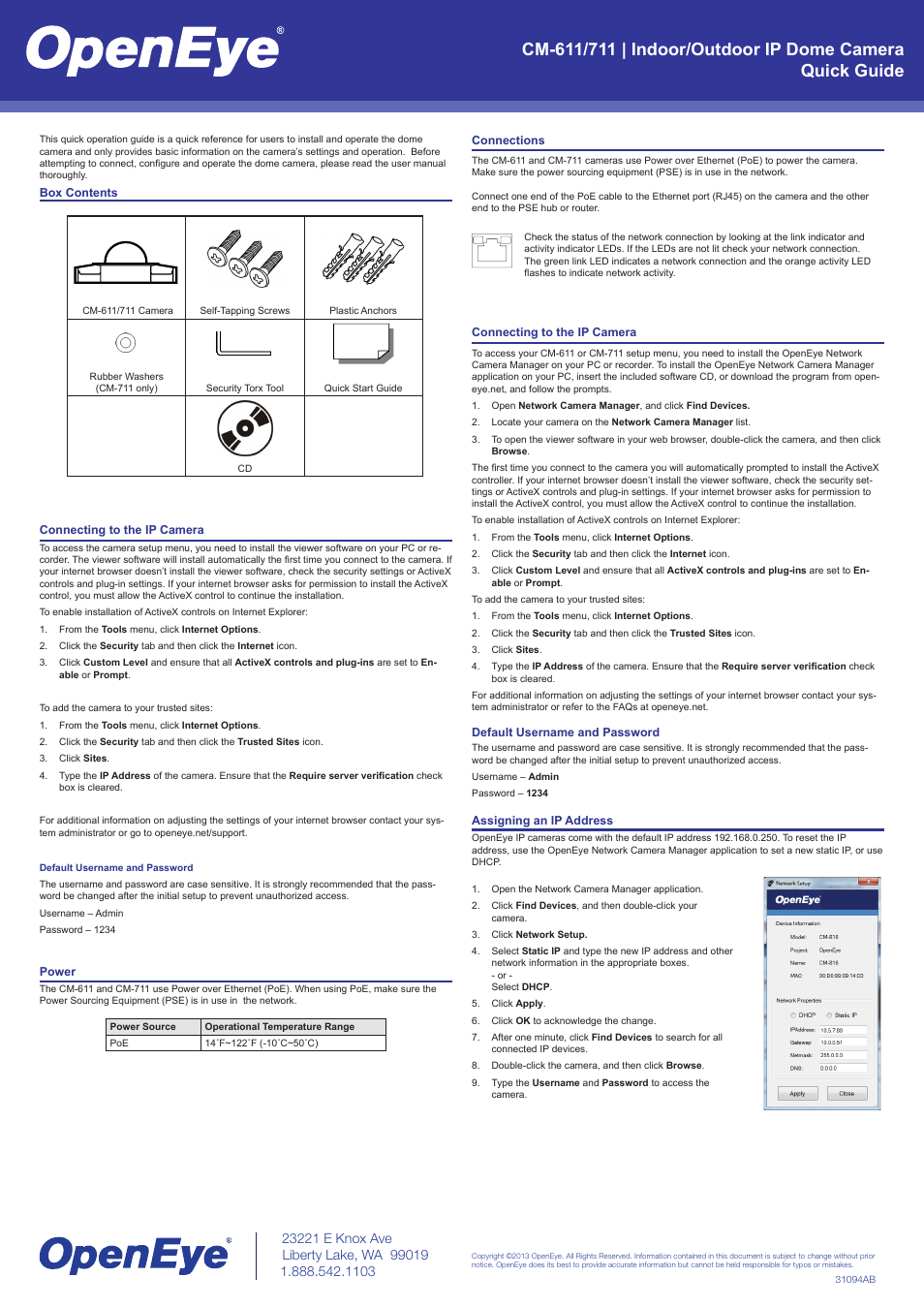 OpenEye CM-611 Quick Start User Manual | 1 page