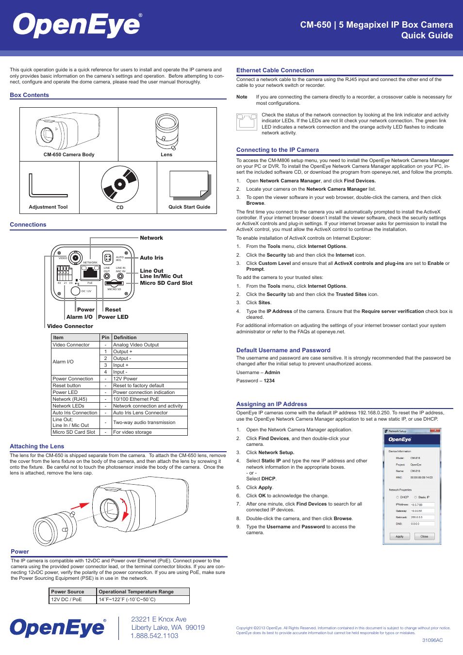 OpenEye CM-650 Quick Start User Manual | 1 page