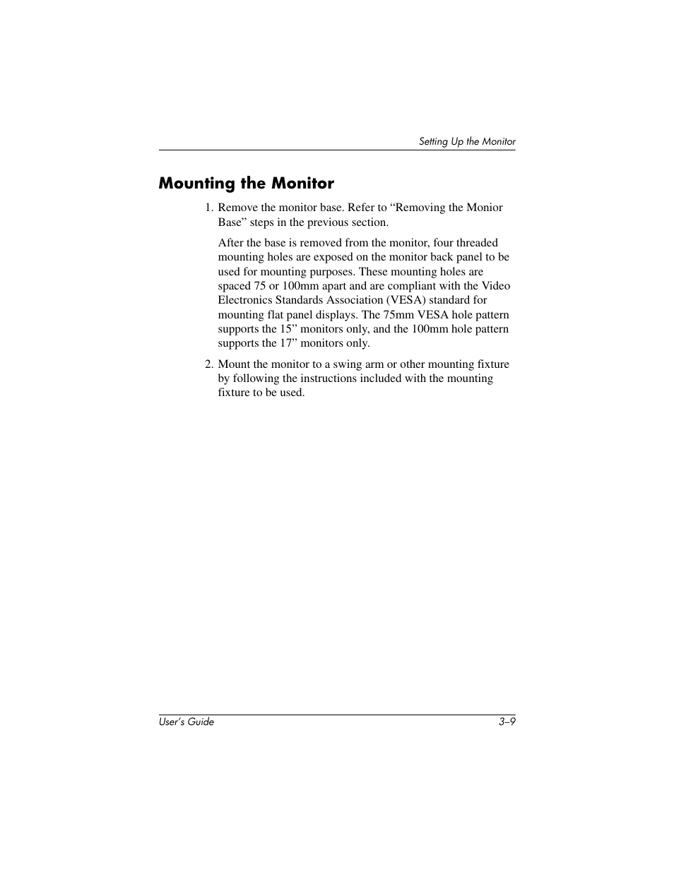 Mounting the monitor | Compaq L1502 User Manual | Page 20 / 48