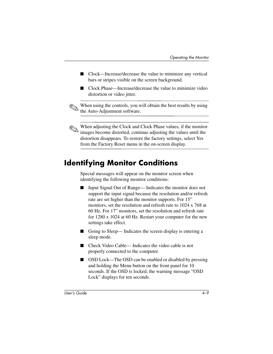 Identifying monitor conditions | Compaq L1502 User Manual | Page 29 / 48
