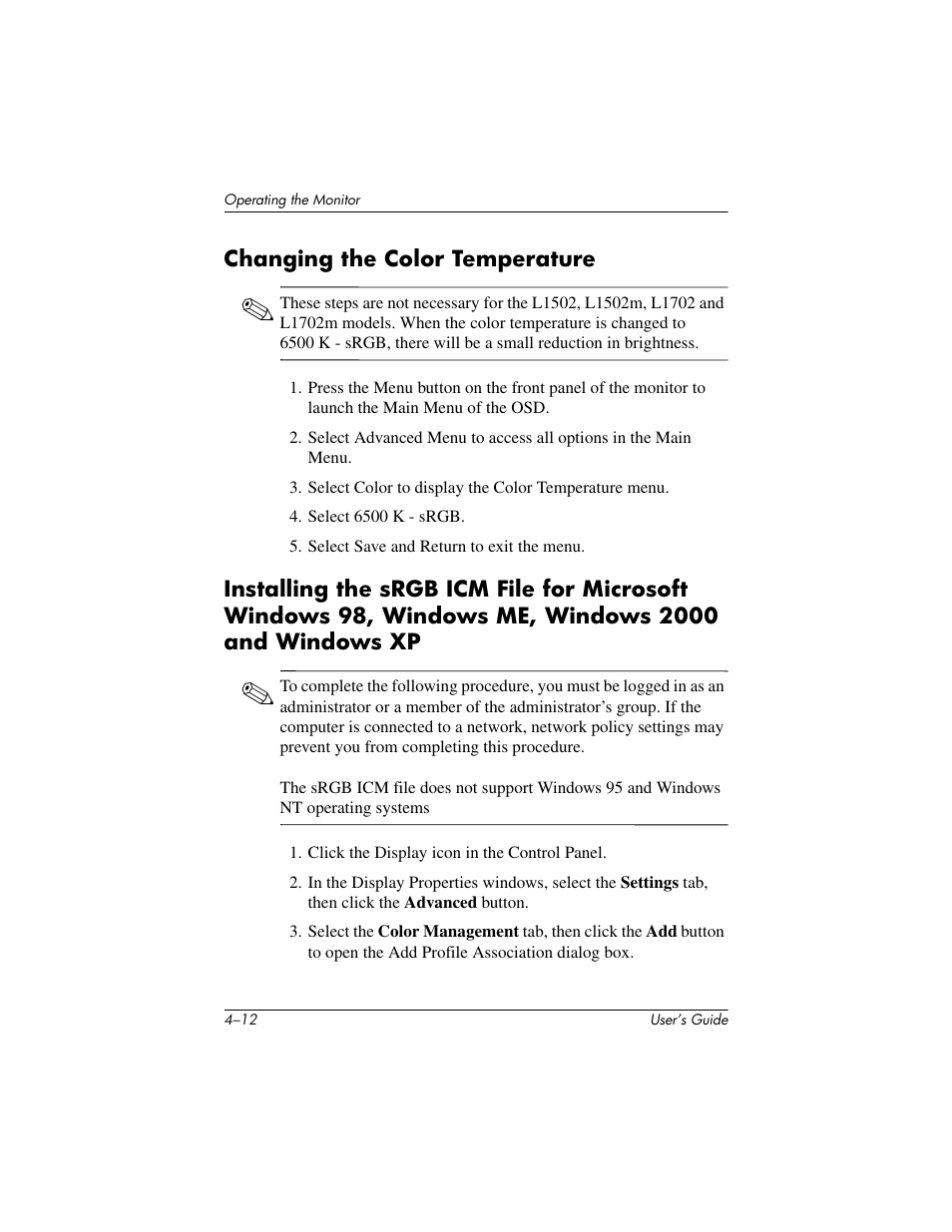 Changing the color temperature | Compaq L1502 User Manual | Page 32 / 48