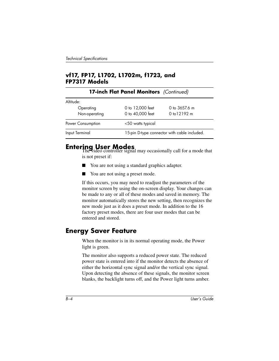 Entering user modes, Energy saver feature | Compaq L1502 User Manual | Page 40 / 48