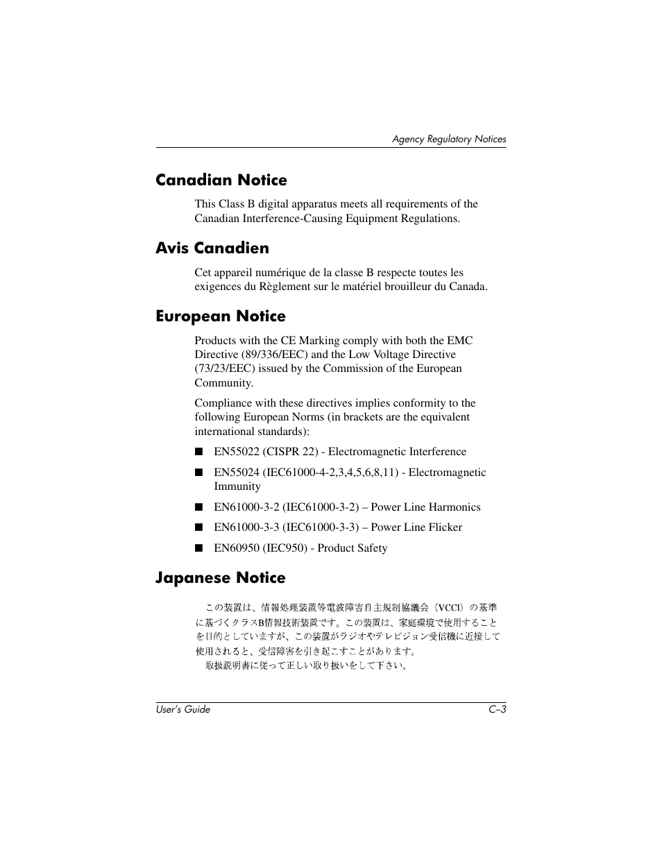 Canadian notice, Avis canadien, European notice | Japanese notice | Compaq L1502 User Manual | Page 44 / 48