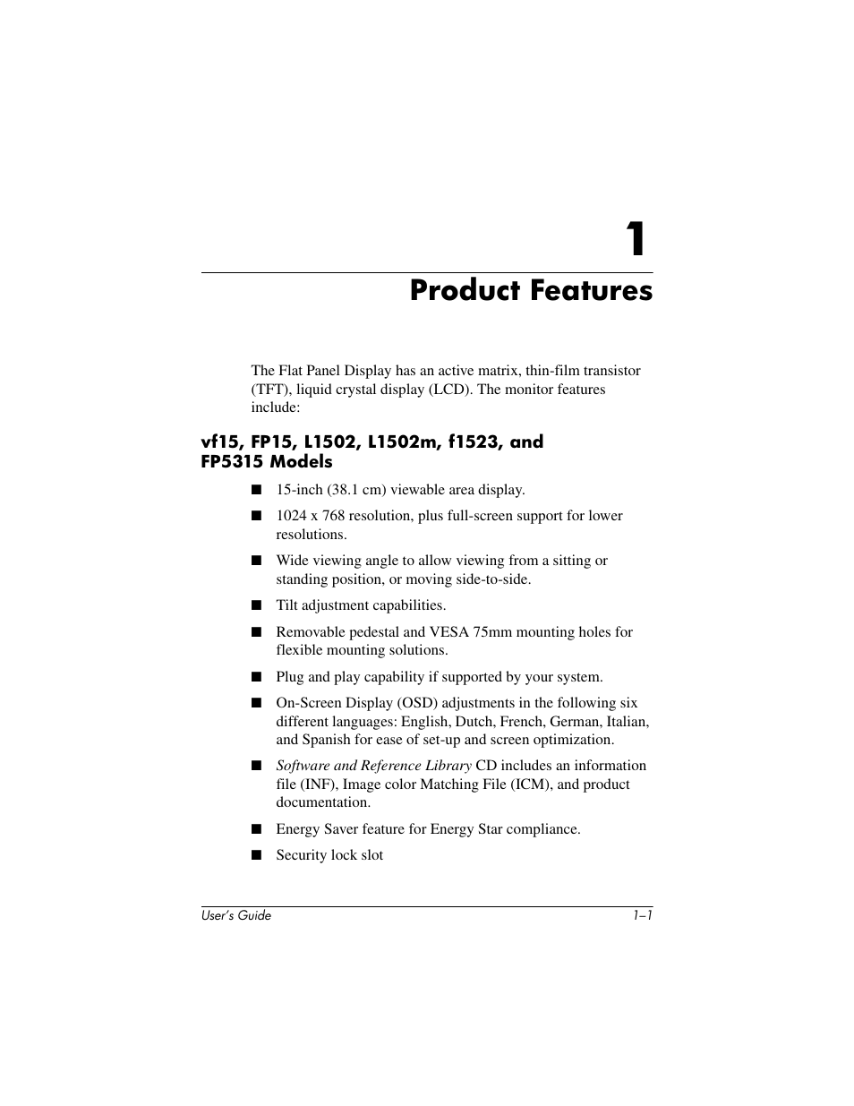 Product features | Compaq L1502 User Manual | Page 5 / 48