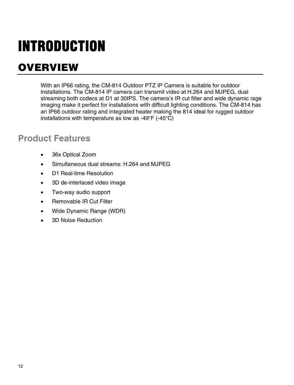 Introduction, Overview, Product features | OpenEye CM-814 User Manual | Page 12 / 81