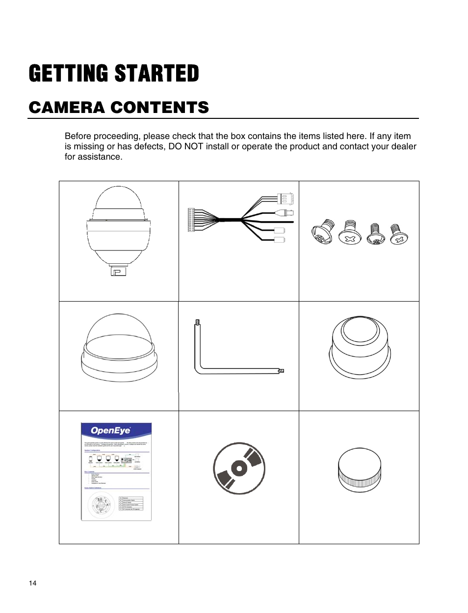 Getting started, Camera contents | OpenEye CM-814 User Manual | Page 14 / 81