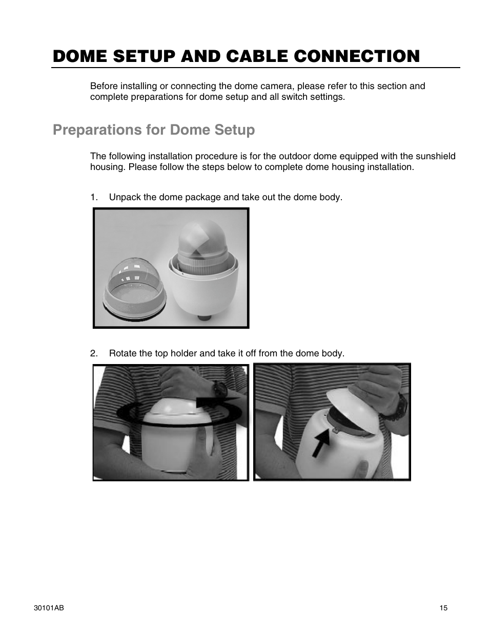 Dome setup and cable connection, Preparations for dome setup | OpenEye CM-814 User Manual | Page 15 / 81