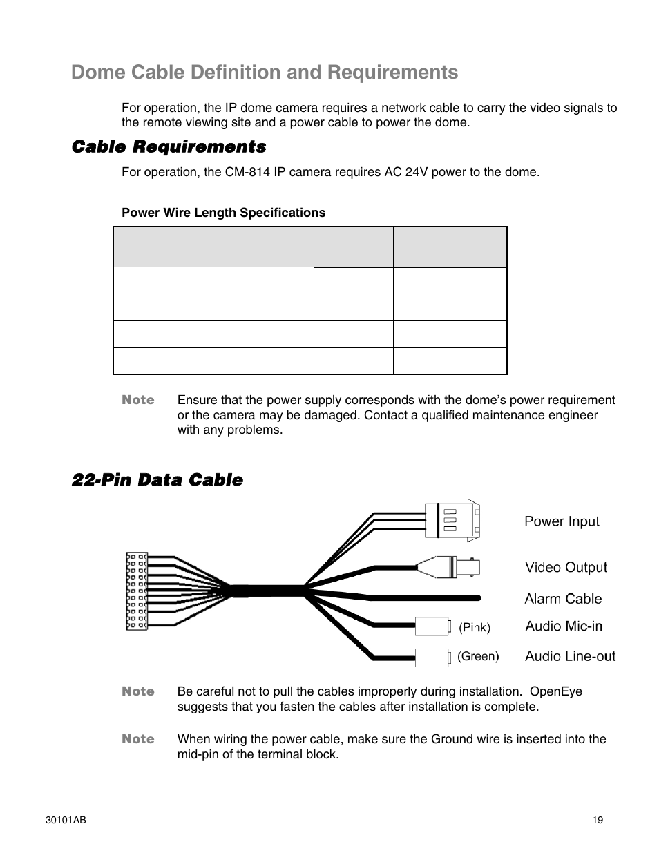 Dome cable definition and requirements, Cable requirements, Pin data cable | OpenEye CM-814 User Manual | Page 19 / 81