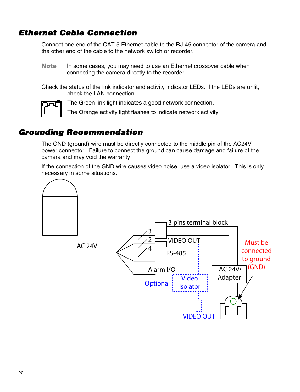 Ethernet cable connection, Grounding recommendation | OpenEye CM-814 User Manual | Page 22 / 81