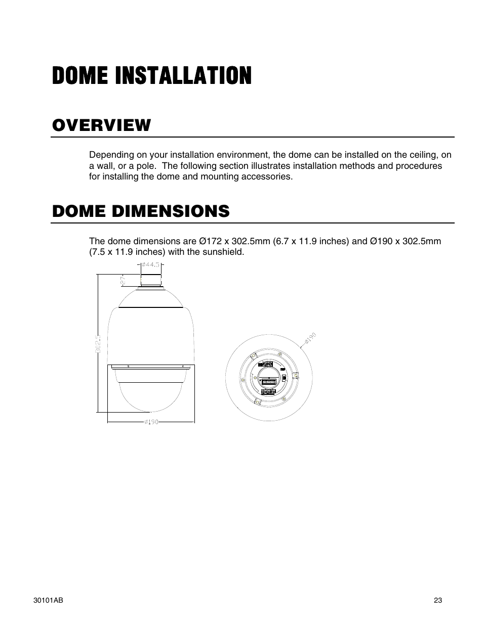Dome installation, Overview, Dome dimensions | OpenEye CM-814 User Manual | Page 23 / 81