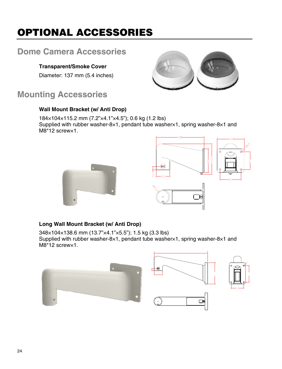 Optional accessories, Dome camera accessories, Mounting accessories | OpenEye CM-814 User Manual | Page 24 / 81