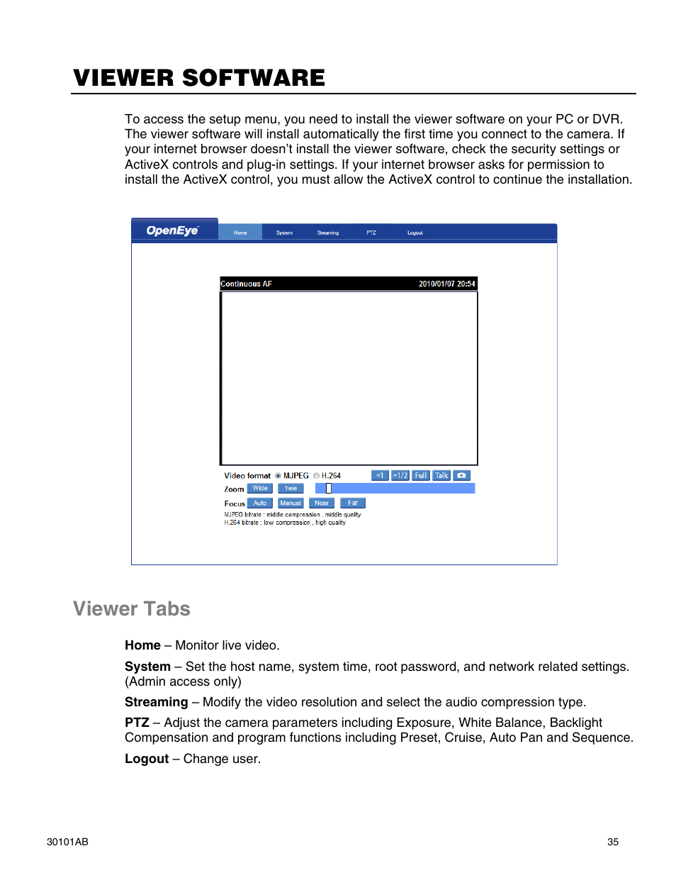 Viewer software, Viewer tabs | OpenEye CM-814 User Manual | Page 35 / 81