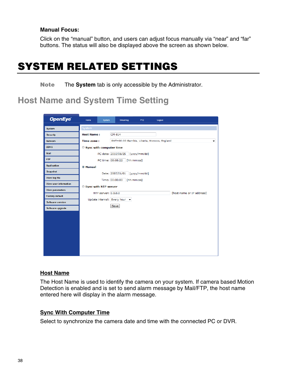 System related settings, Host name and system time setting | OpenEye CM-814 User Manual | Page 38 / 81