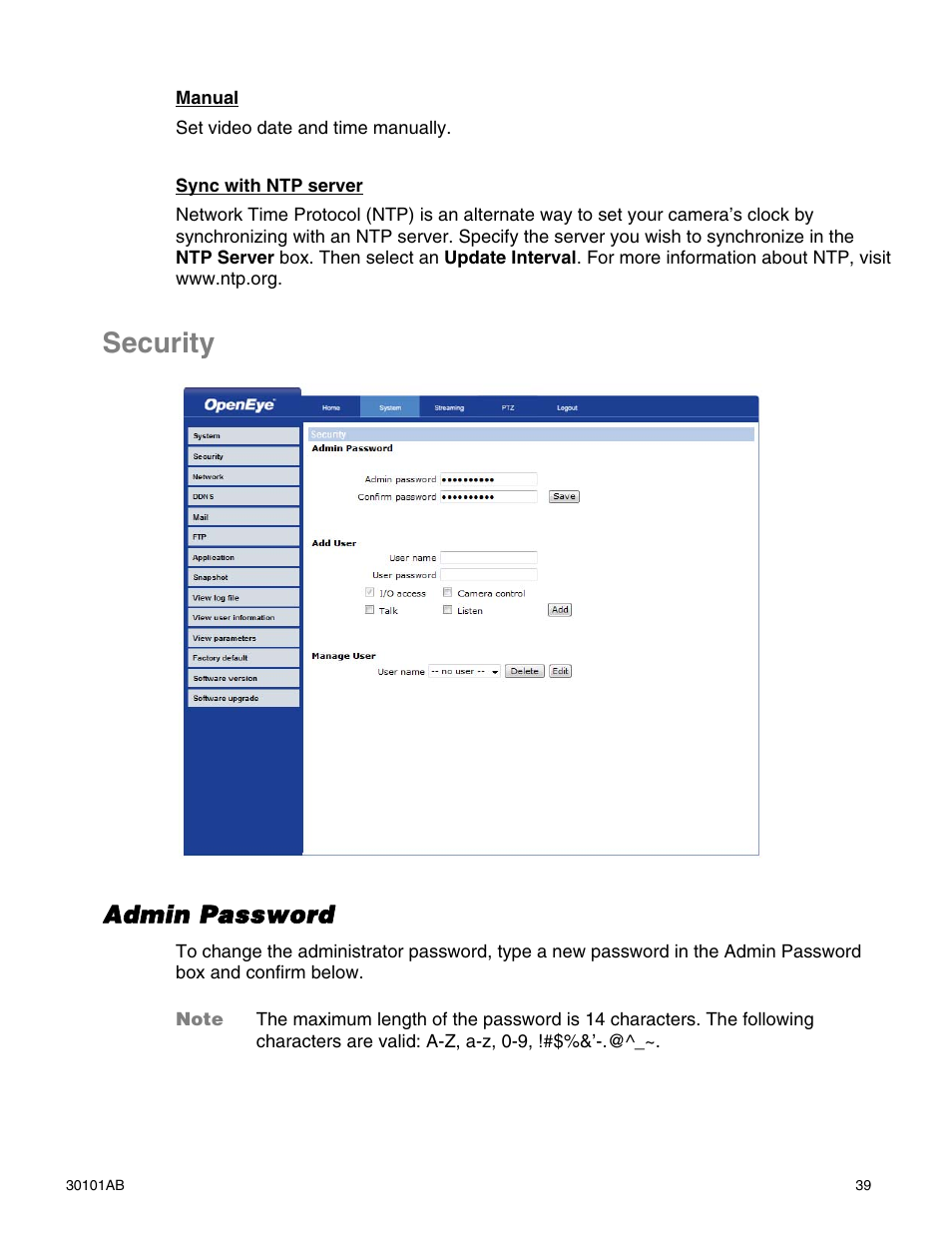 Security, Admin password | OpenEye CM-814 User Manual | Page 39 / 81
