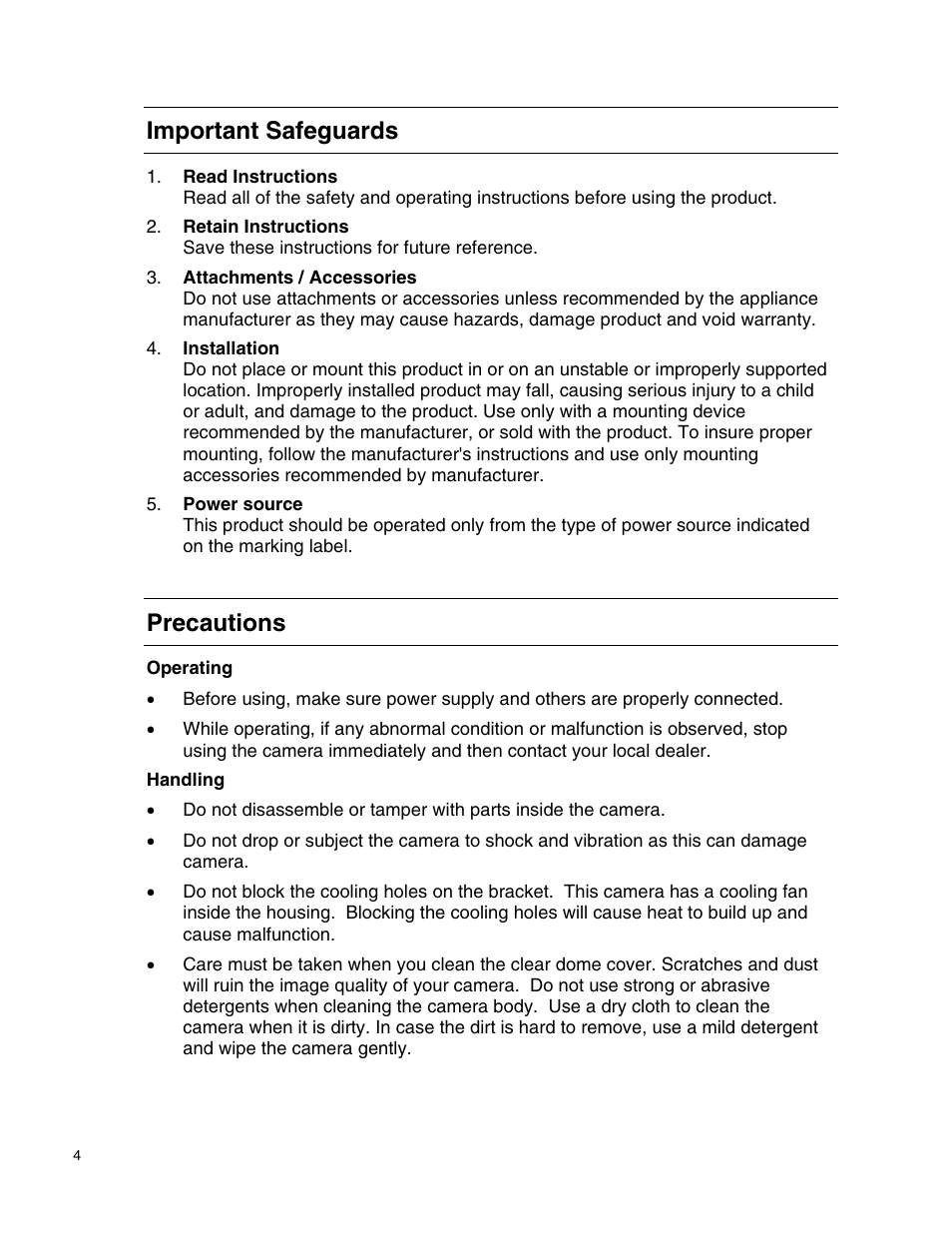 Important safeguards, Precautions | OpenEye CM-814 User Manual | Page 4 / 81