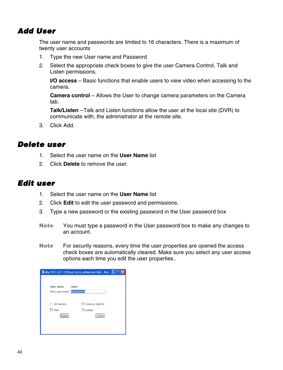 Add user, Delete user, Edit user | OpenEye CM-814 User Manual | Page 40 / 81