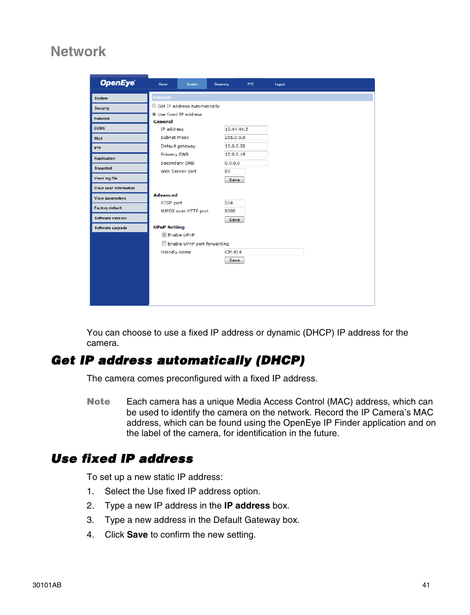 Network, Get ip address automatically (dhcp), Use fixed ip address | OpenEye CM-814 User Manual | Page 41 / 81