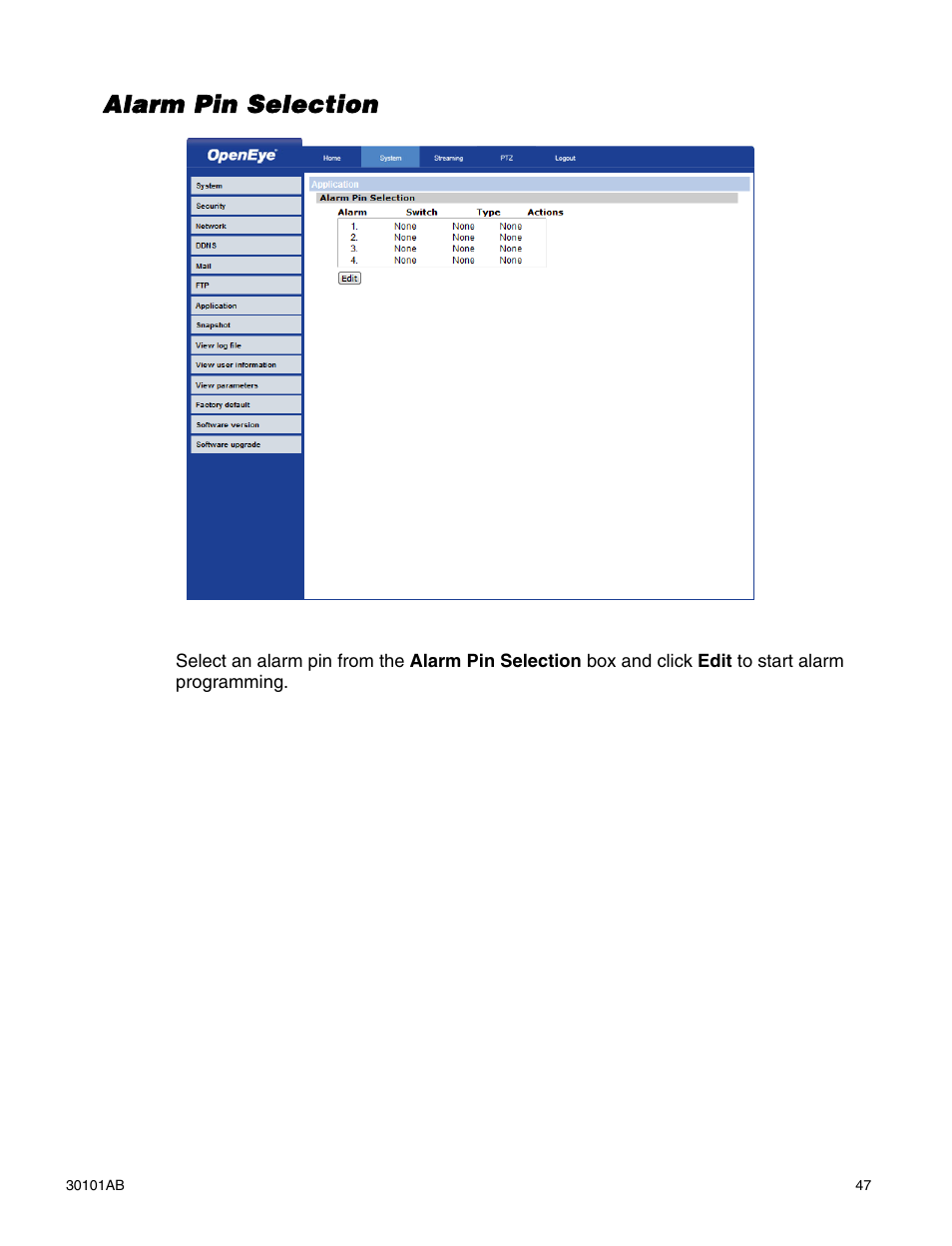 Alarm pin selection | OpenEye CM-814 User Manual | Page 47 / 81