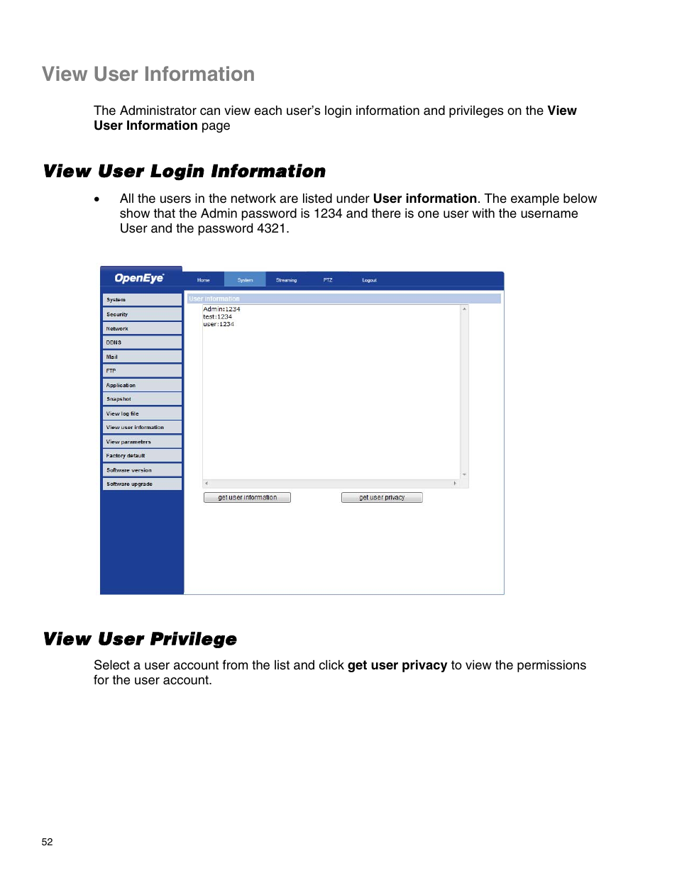 View user information, View user login information, View user privilege | OpenEye CM-814 User Manual | Page 52 / 81