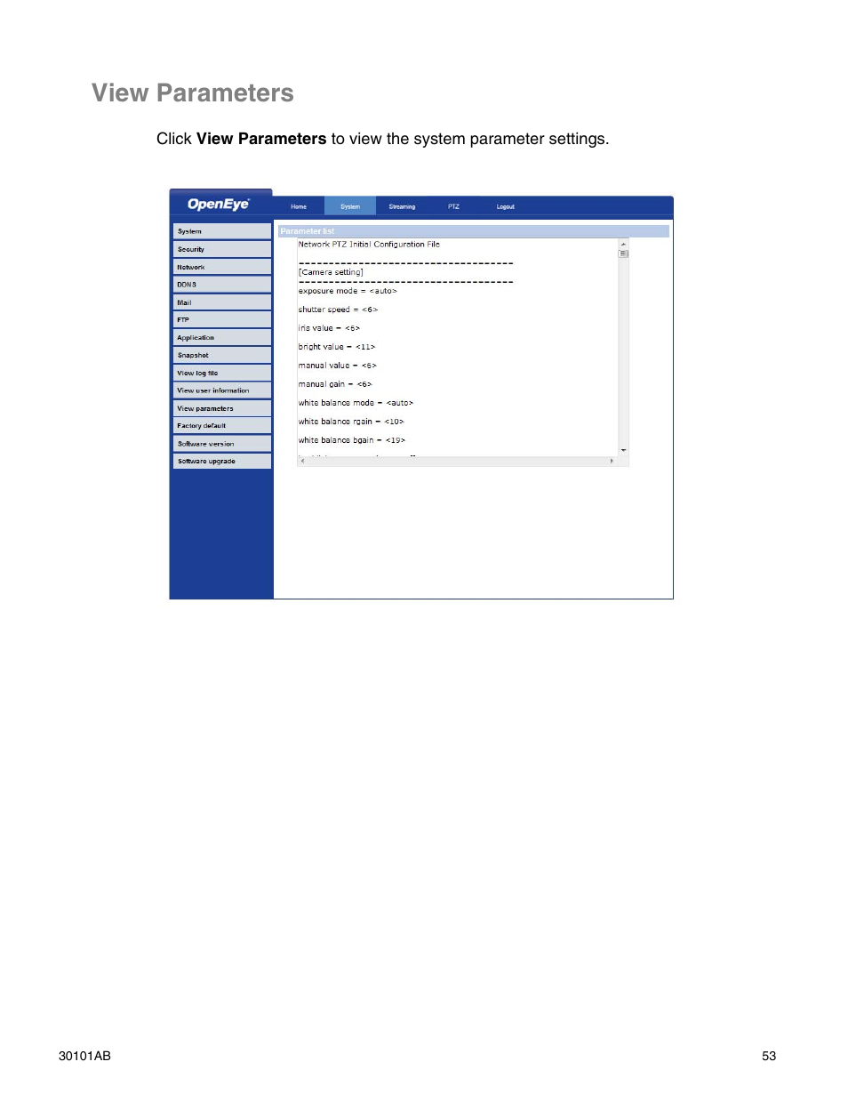 View parameters | OpenEye CM-814 User Manual | Page 53 / 81