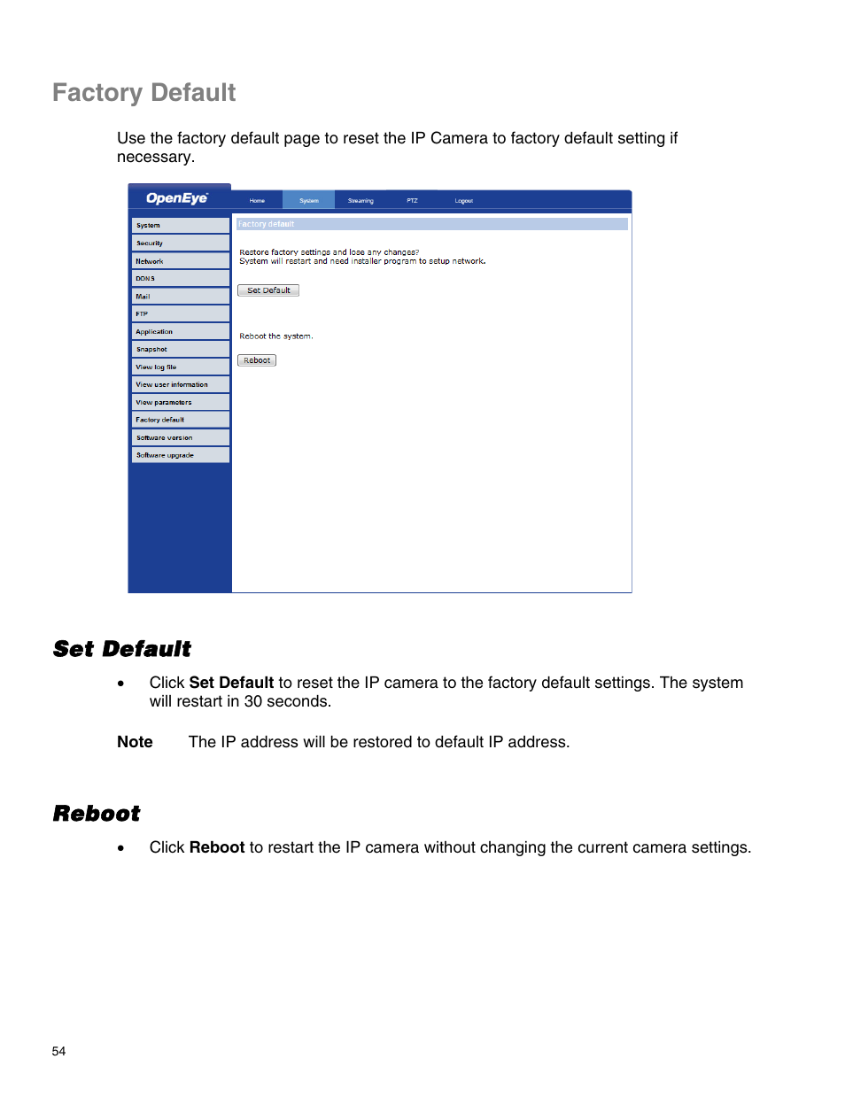 Factory default, Set default, Reboot | OpenEye CM-814 User Manual | Page 54 / 81