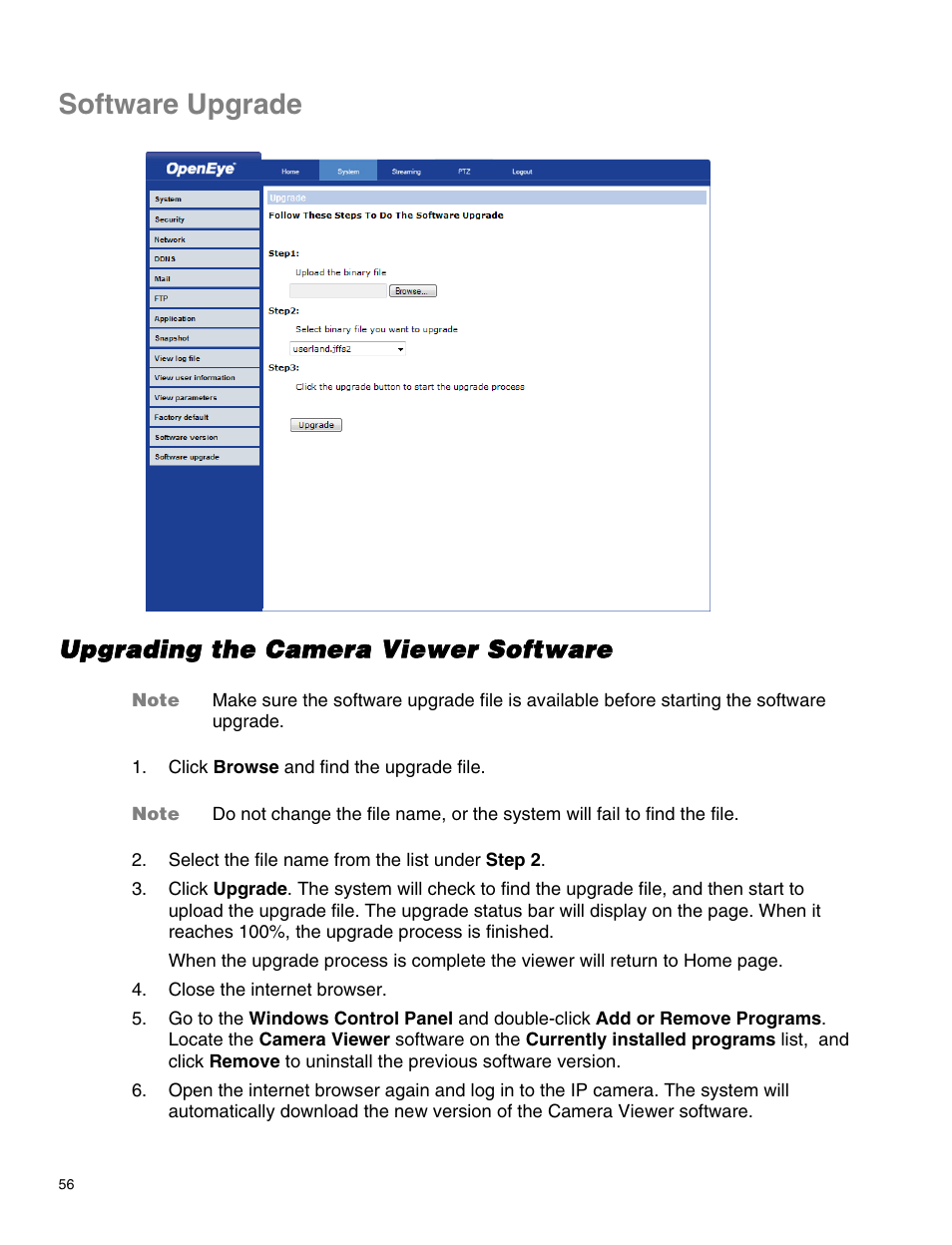 Software upgrade, Upgrading the camera viewer software | OpenEye CM-814 User Manual | Page 56 / 81