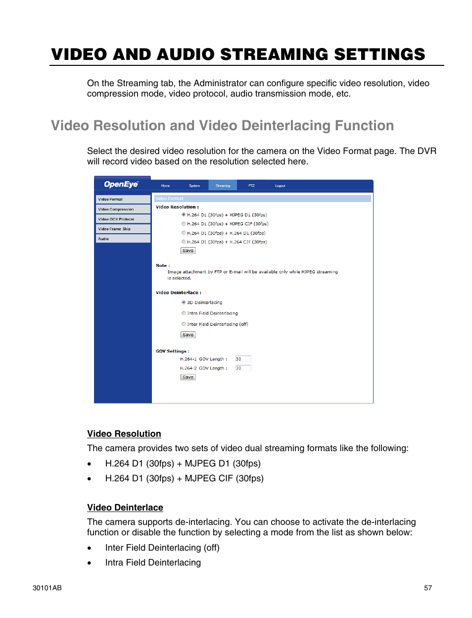Video and audio streaming settings, Video resolution and video deinterlacing function | OpenEye CM-814 User Manual | Page 57 / 81