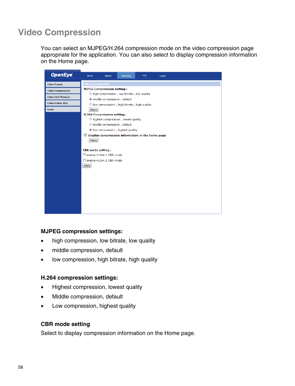 Video compression | OpenEye CM-814 User Manual | Page 58 / 81