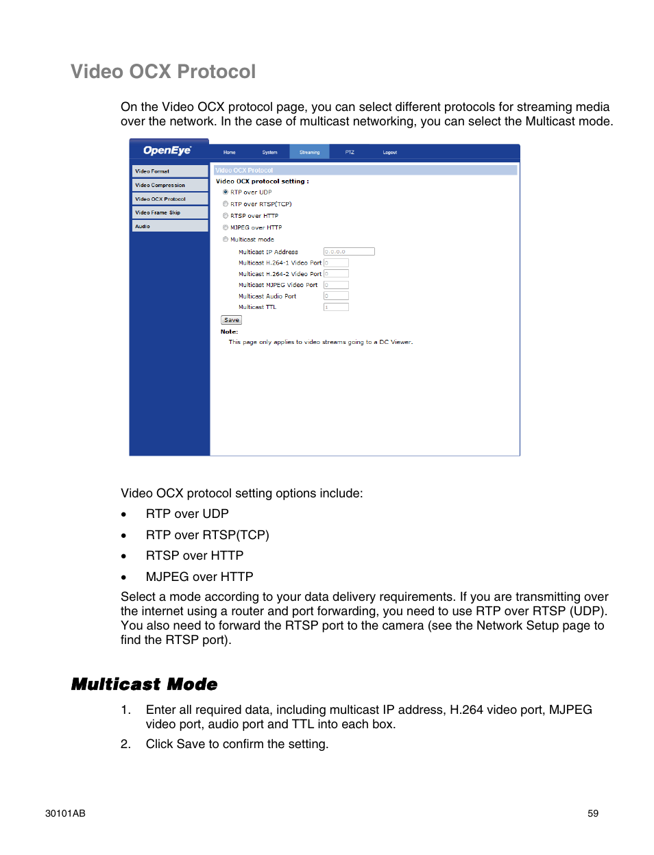 Video ocx protocol, Multicast mode | OpenEye CM-814 User Manual | Page 59 / 81