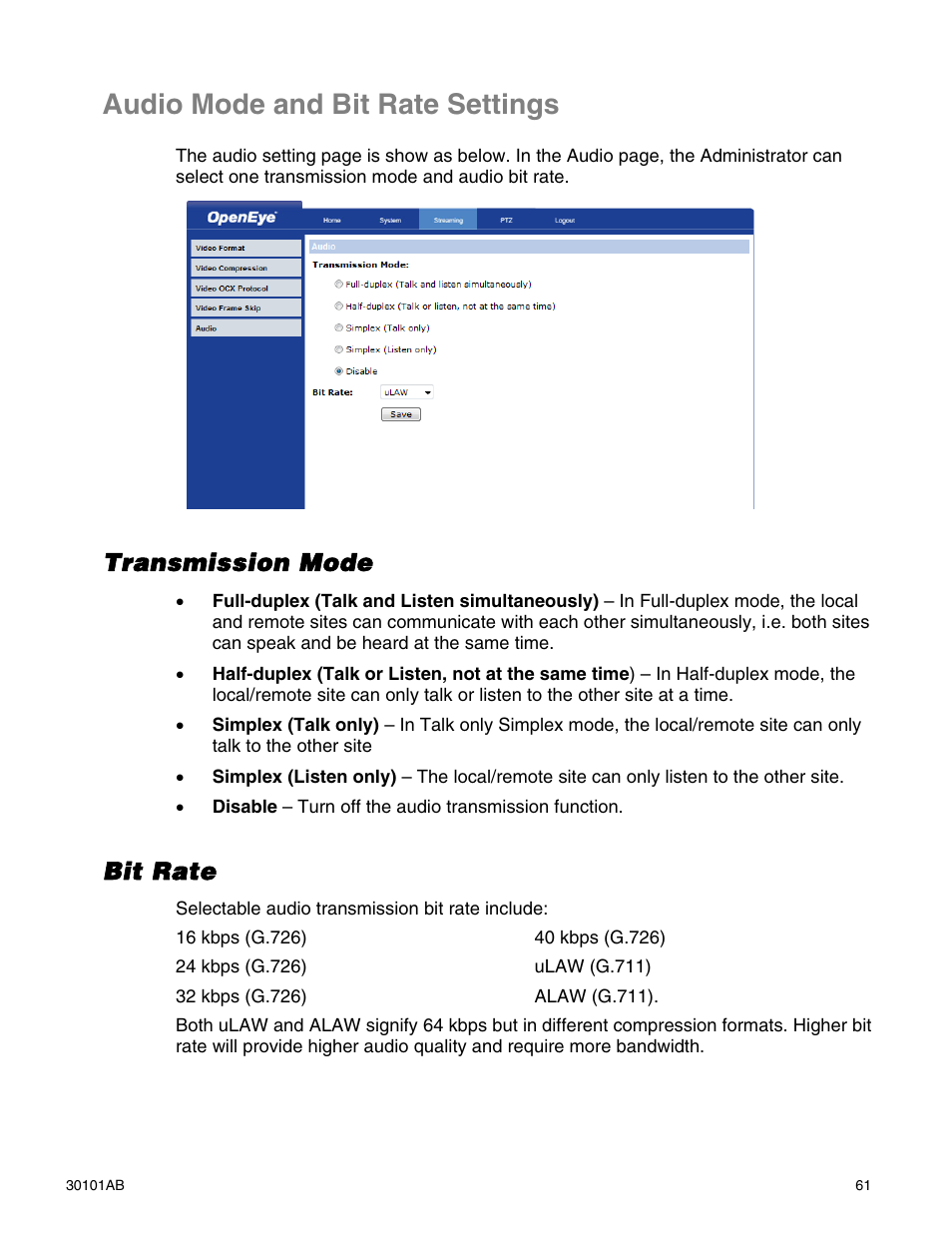 Audio mode and bit rate settings, Transmission mode, Bit rate | OpenEye CM-814 User Manual | Page 61 / 81