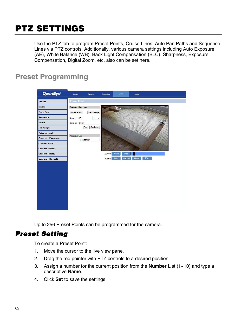 Ptz settings, Preset programming, Preset setting | OpenEye CM-814 User Manual | Page 62 / 81