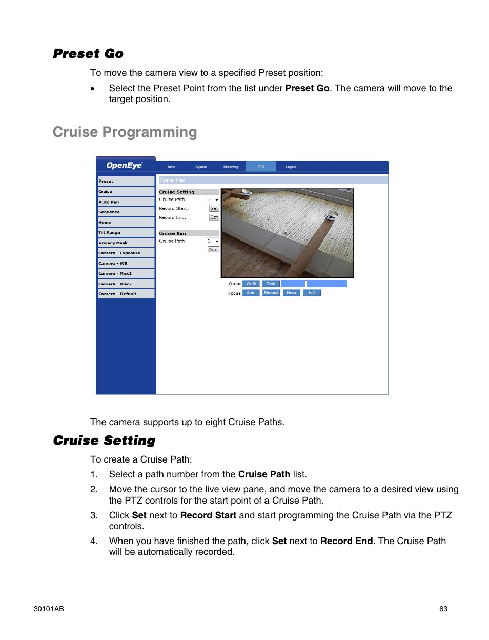 Cruise programming, Preset go, Cruise setting | OpenEye CM-814 User Manual | Page 63 / 81
