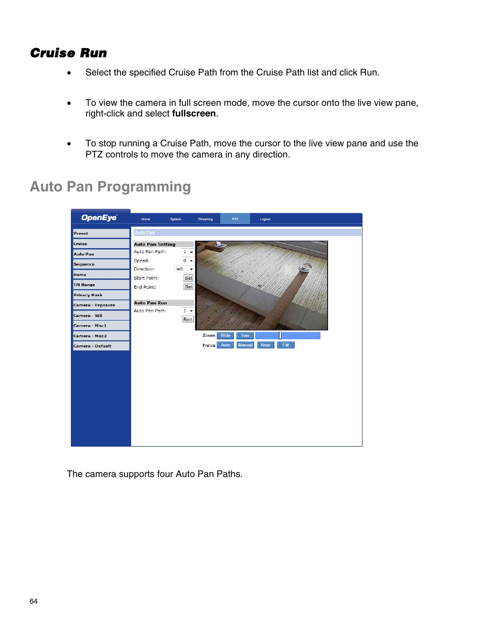 Auto pan programming, Cruise run | OpenEye CM-814 User Manual | Page 64 / 81