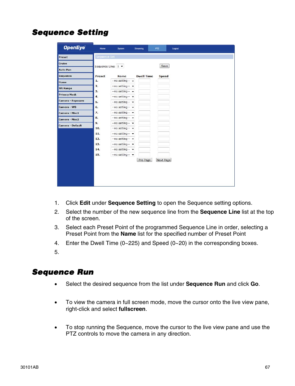 Sequence setting, Sequence run | OpenEye CM-814 User Manual | Page 67 / 81