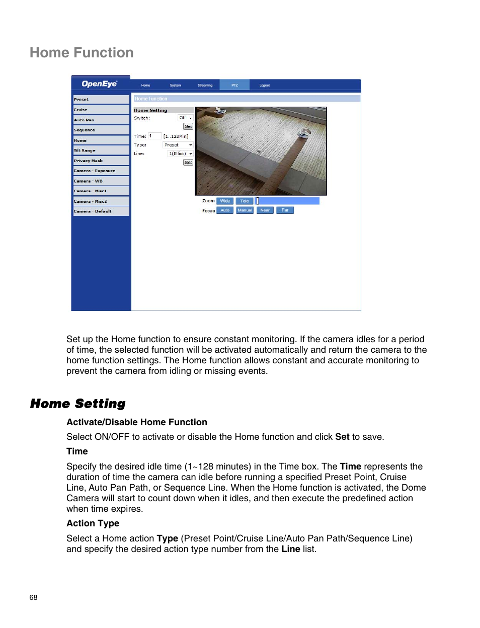 Home function, Home setting | OpenEye CM-814 User Manual | Page 68 / 81