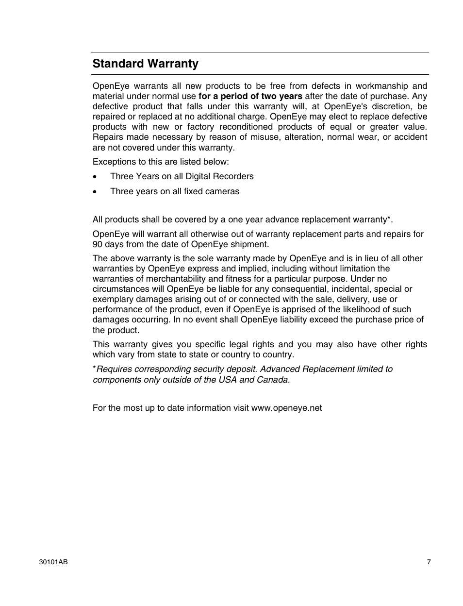 Standard warranty | OpenEye CM-814 User Manual | Page 7 / 81