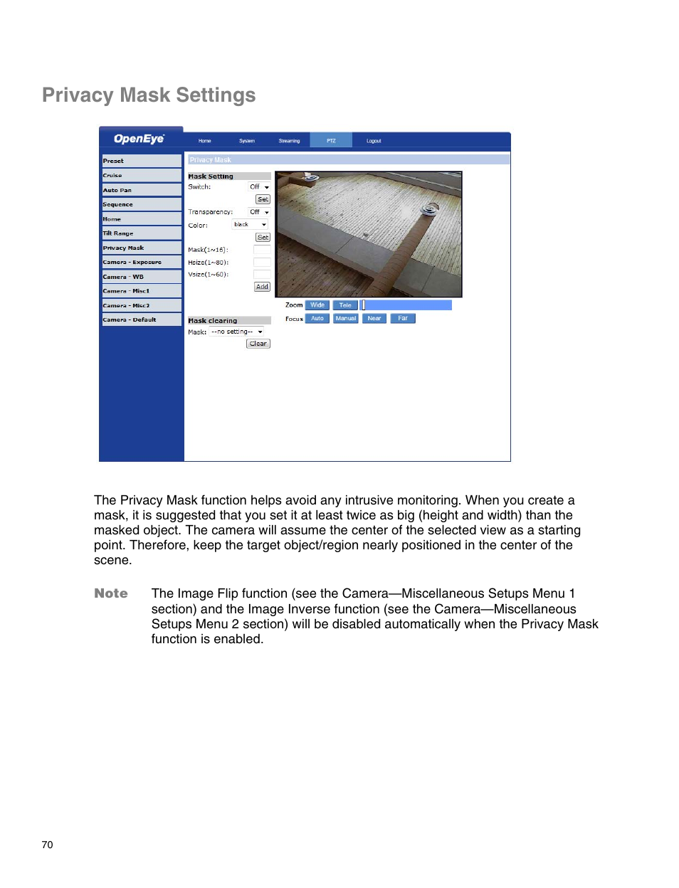 Privacy mask settings | OpenEye CM-814 User Manual | Page 70 / 81