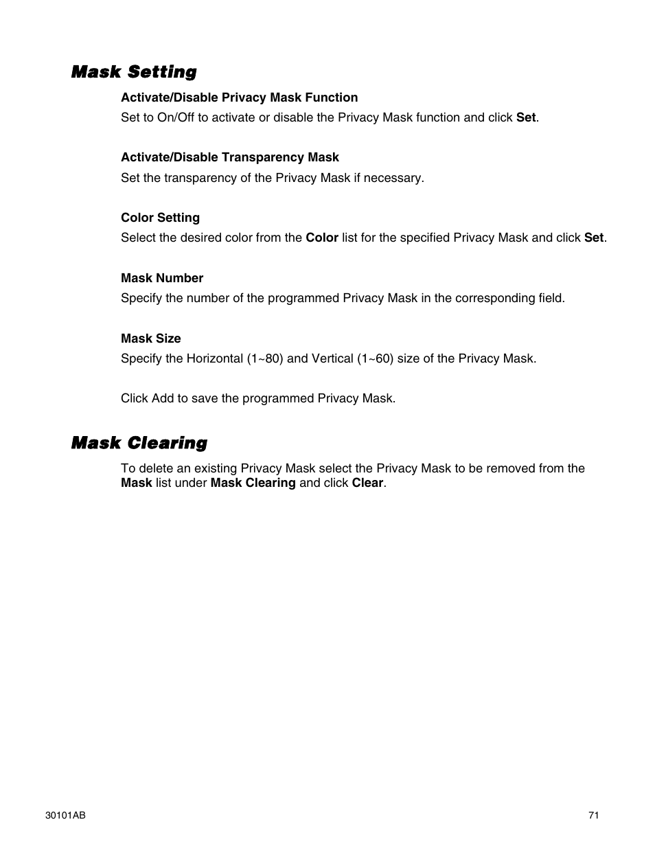 Mask setting, Mask clearing | OpenEye CM-814 User Manual | Page 71 / 81