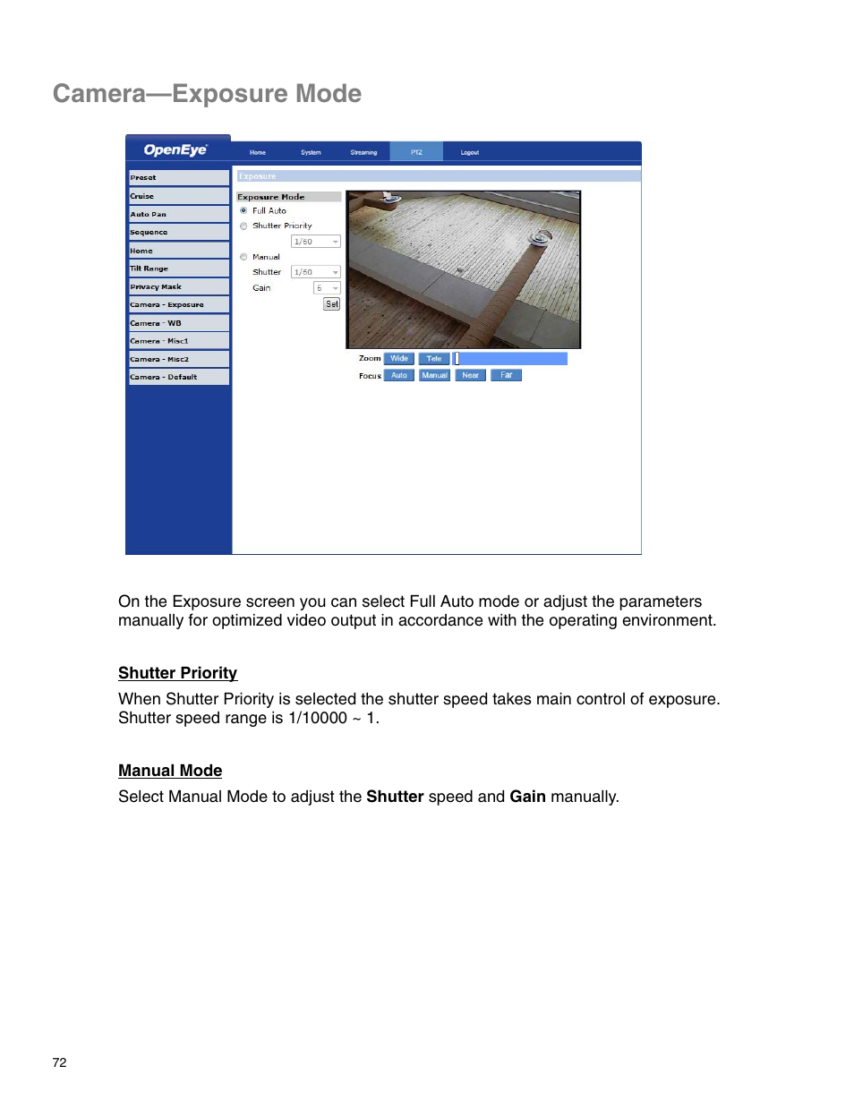 Camera—exposure mode | OpenEye CM-814 User Manual | Page 72 / 81