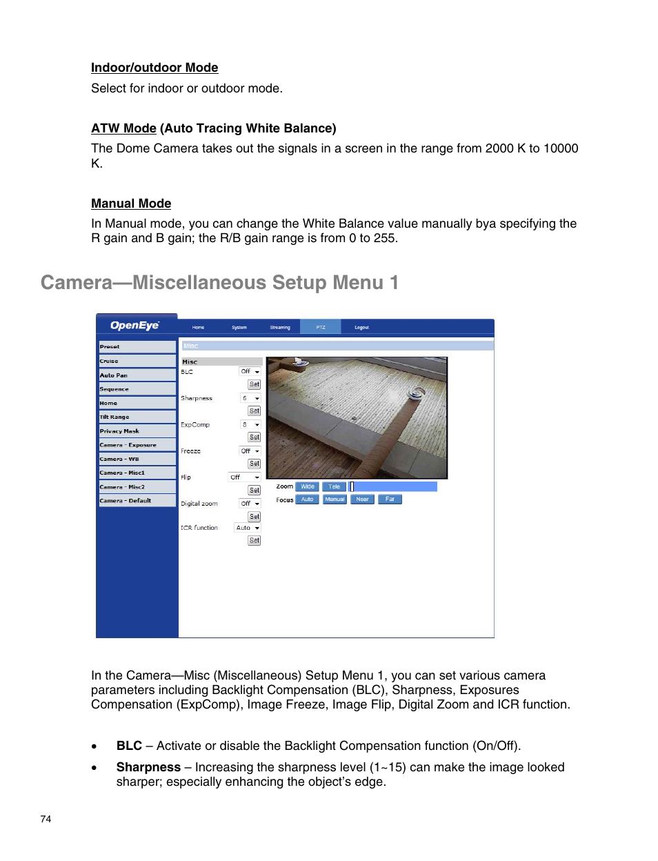 Camera—miscellaneous setup menu 1 | OpenEye CM-814 User Manual | Page 74 / 81