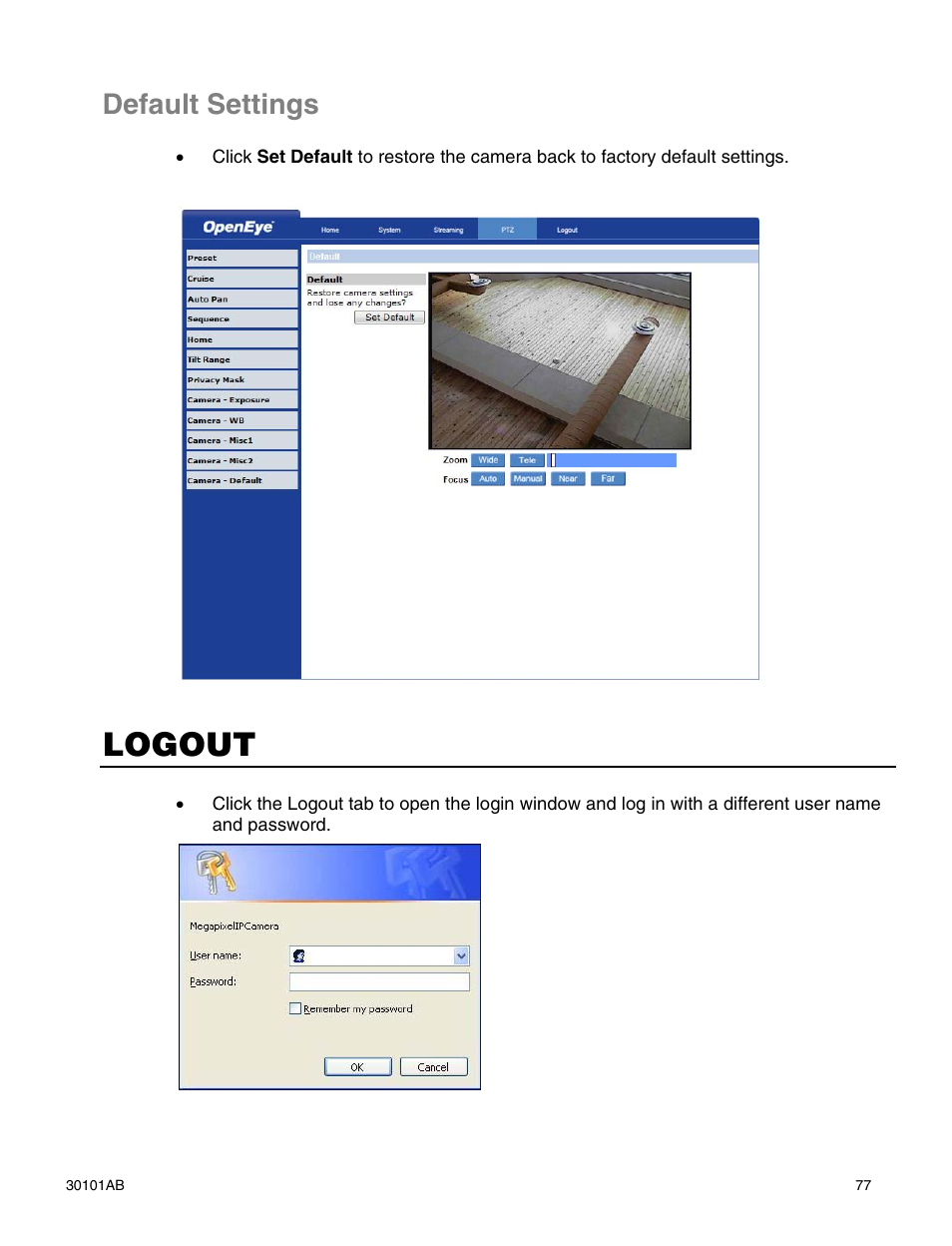 Logout, Default settings | OpenEye CM-814 User Manual | Page 77 / 81
