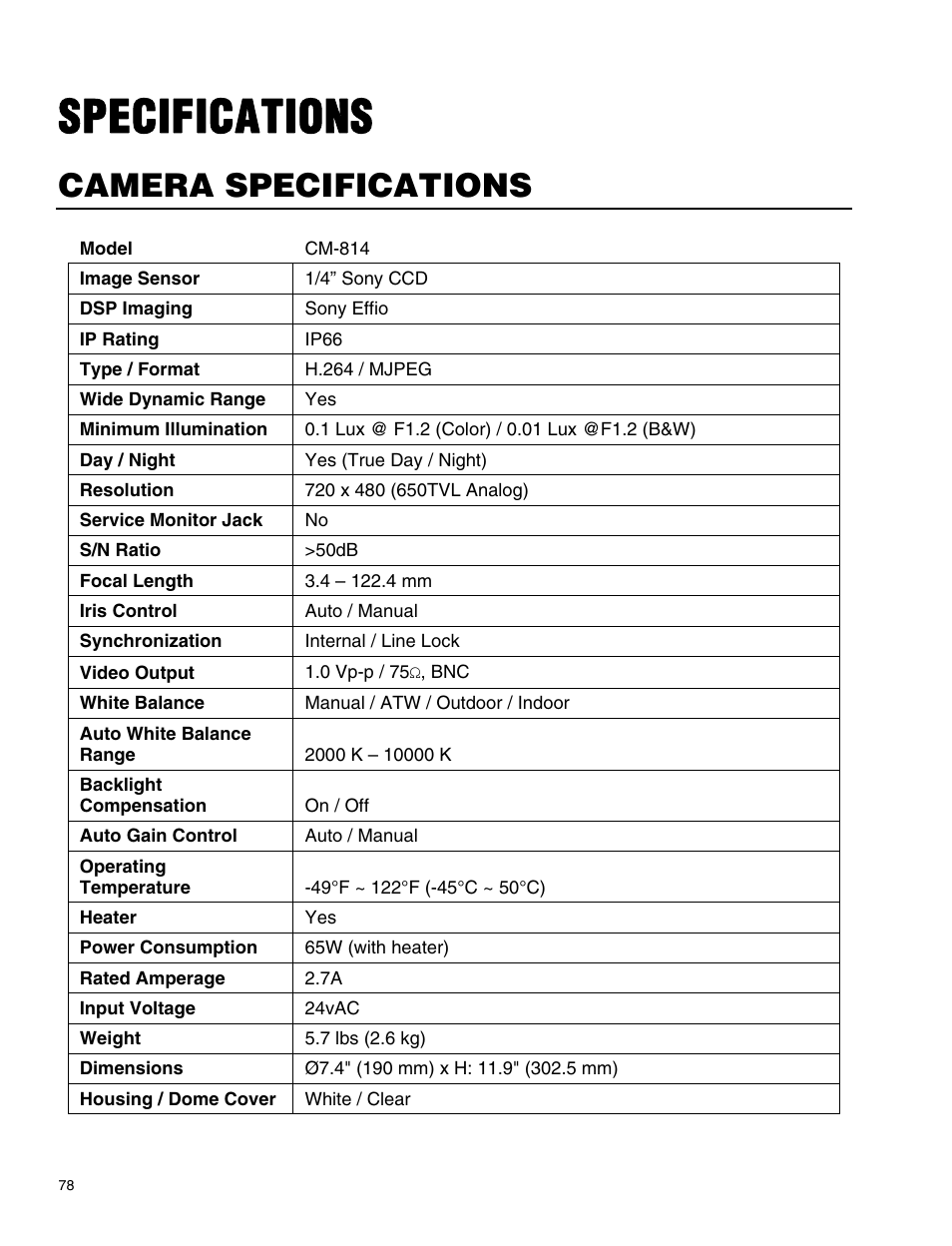 Specifications, Camera specifications | OpenEye CM-814 User Manual | Page 78 / 81