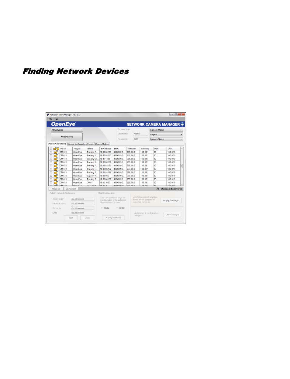 Device addressing, Finding network devices | OpenEye CM-730 User Manual | Page 26 / 71