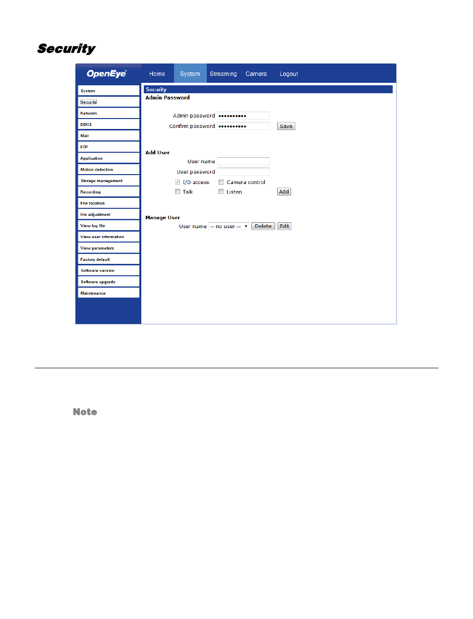 Security, Admin password | OpenEye CM-730 User Manual | Page 33 / 71