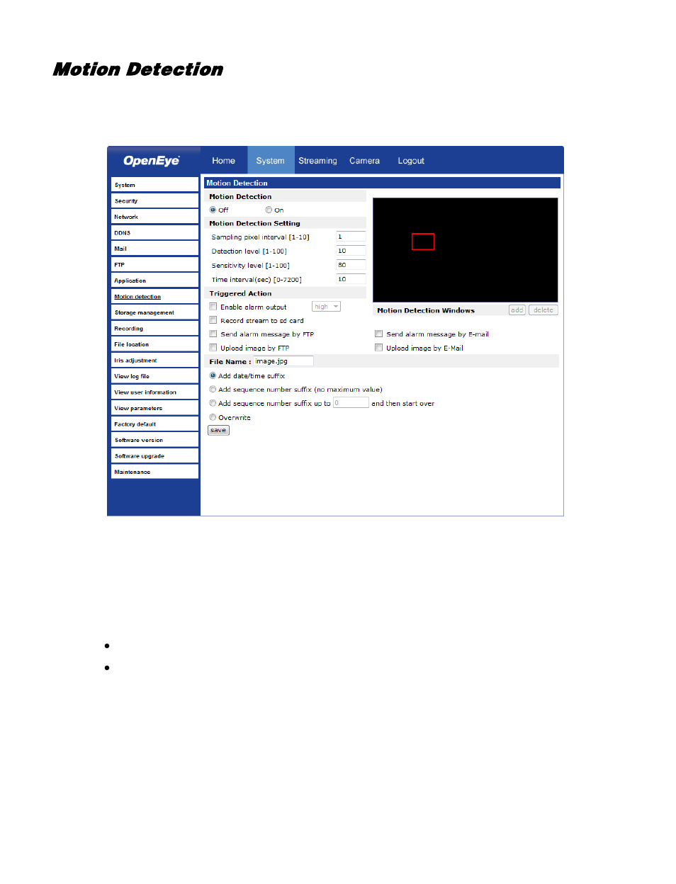 Motion detection | OpenEye CM-730 User Manual | Page 42 / 71