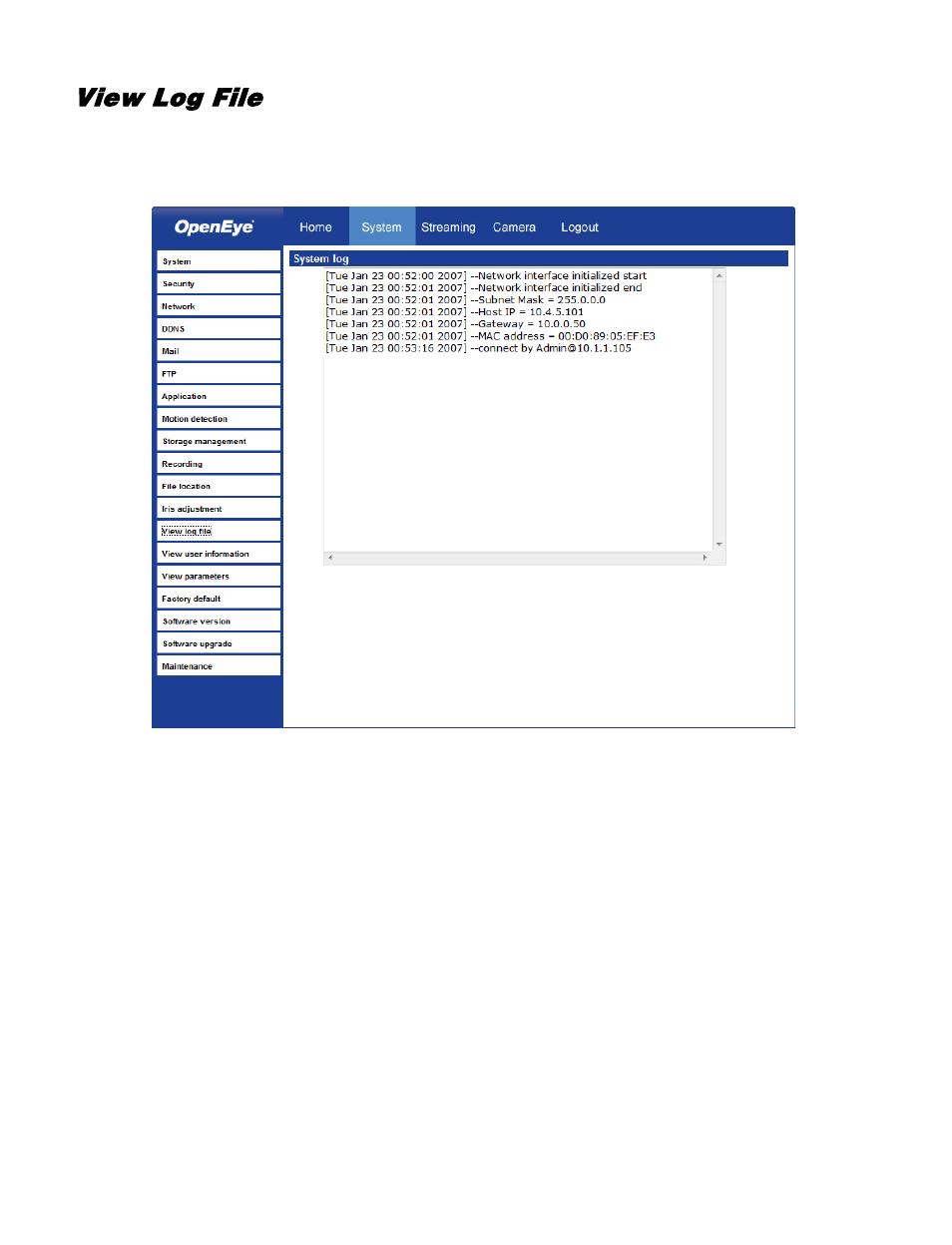 View log file | OpenEye CM-730 User Manual | Page 49 / 71