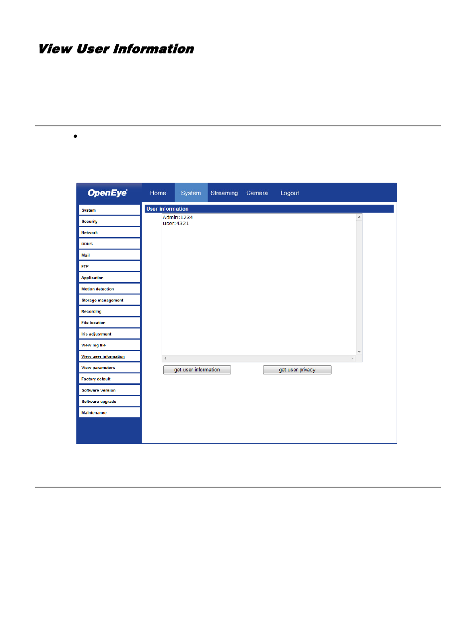 View user information, View user login information, View user privilege | OpenEye CM-730 User Manual | Page 50 / 71