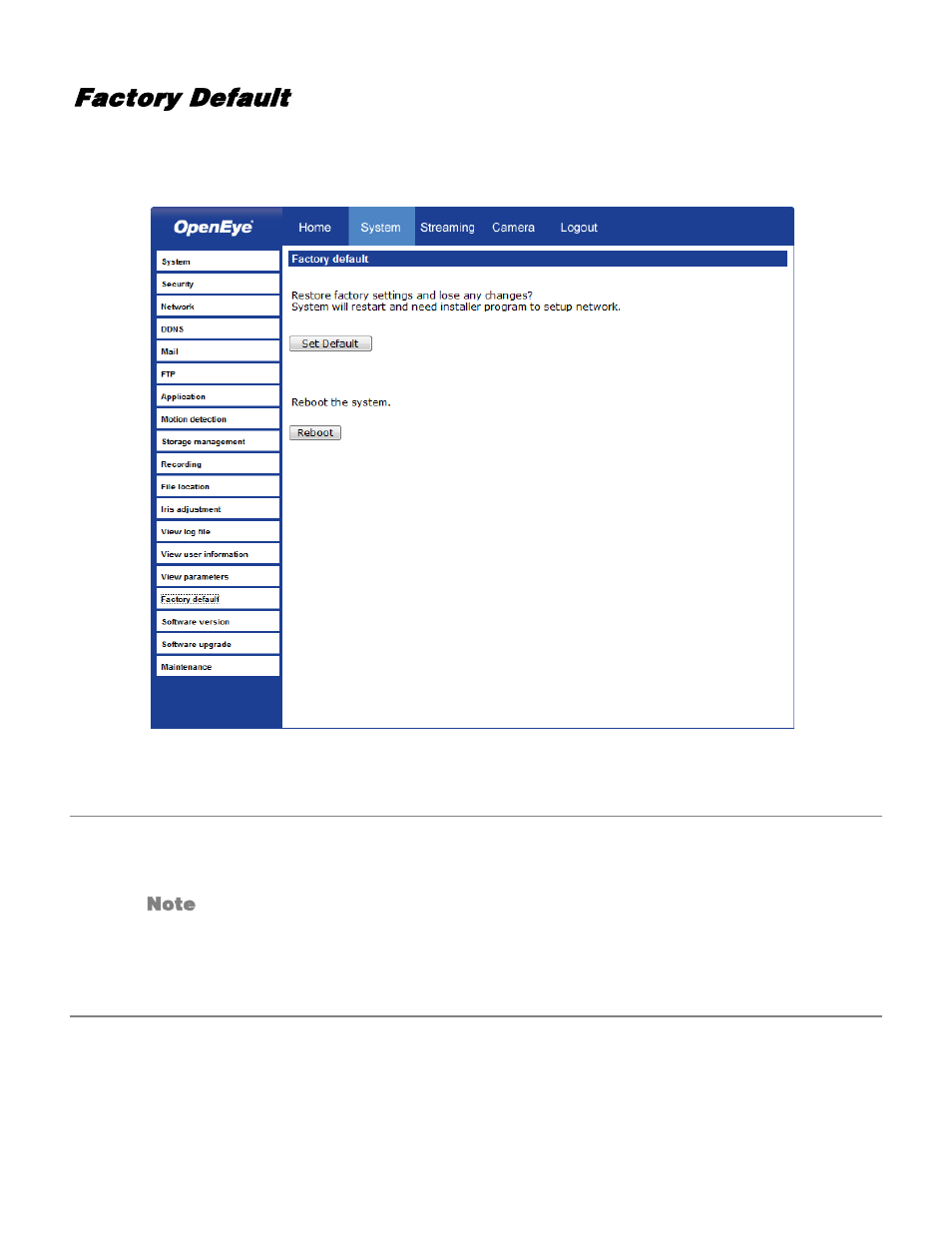 Factory default, Set default, Reboot | OpenEye CM-730 User Manual | Page 52 / 71